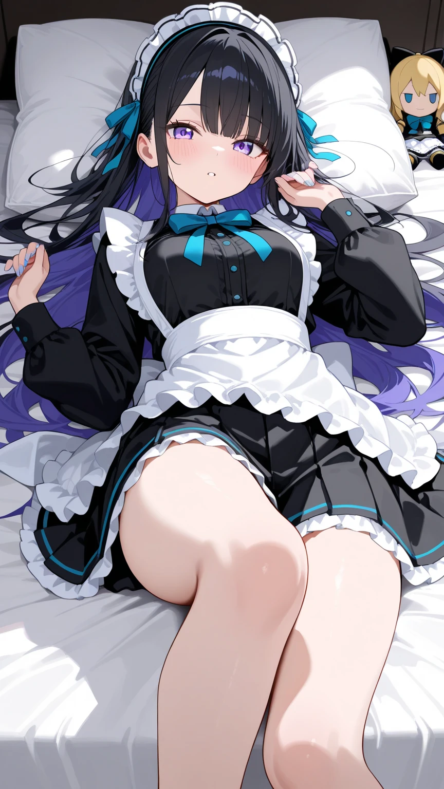 最high quality, high quality, Super detailed, 16K, Ultra-detailed details, pretty girl, alone, beautiful purple hair, Beautiful purple eyes, Big Breasts, A light smile, 赤い目, オフショルダー ノースリーブ Summer clothes, Summer カジュアル Maid clothes, I'm lifting my skirt, Blue and white color striped underwear(Showing her underwear under her skirt), Black knee socks, My crotch is wet with love juice, 18歳,かわいい, {{The master steals the face and voice of the girl he likes, then lifts up her skirt with the girl's face and voice to seduce the master.}}, ((Full body image:1.3)), NSFW