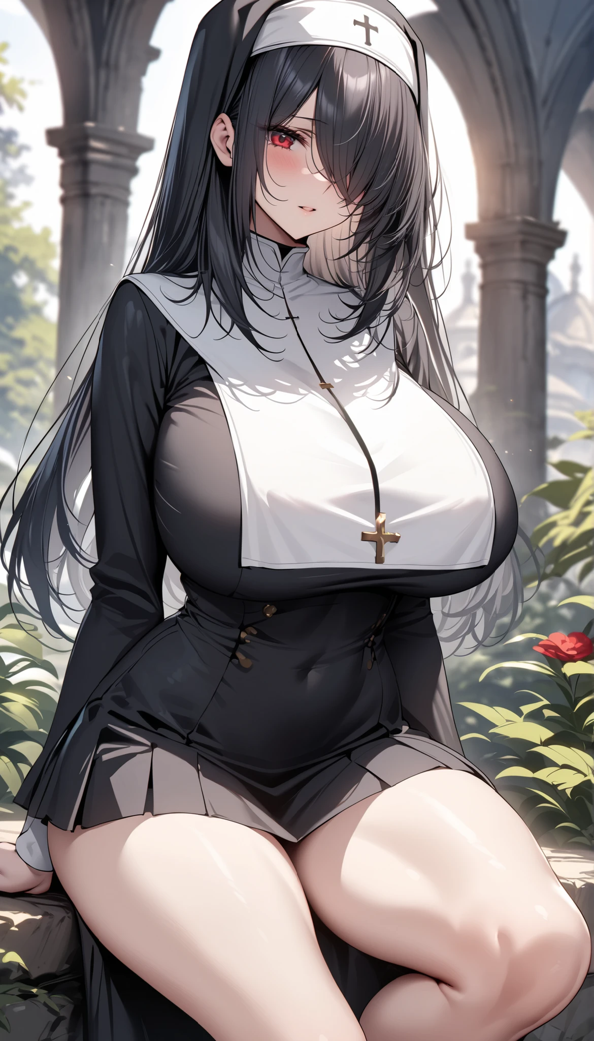 ((((Solo)))) Girl with long black hair, smiling, facing camera, (pink eyes), large chest, (wearing a nun outfit), (((wide hips and big chest))) cleavage, sitting outside, under a moon, surrounded by trees, beautiful eyes, perfect hands, full lips, best quality, (evil nun), wearing silver jewelry, (seductive pose), hands on chest, dark forest, stockings, ((mature woman)), beautiful legs
