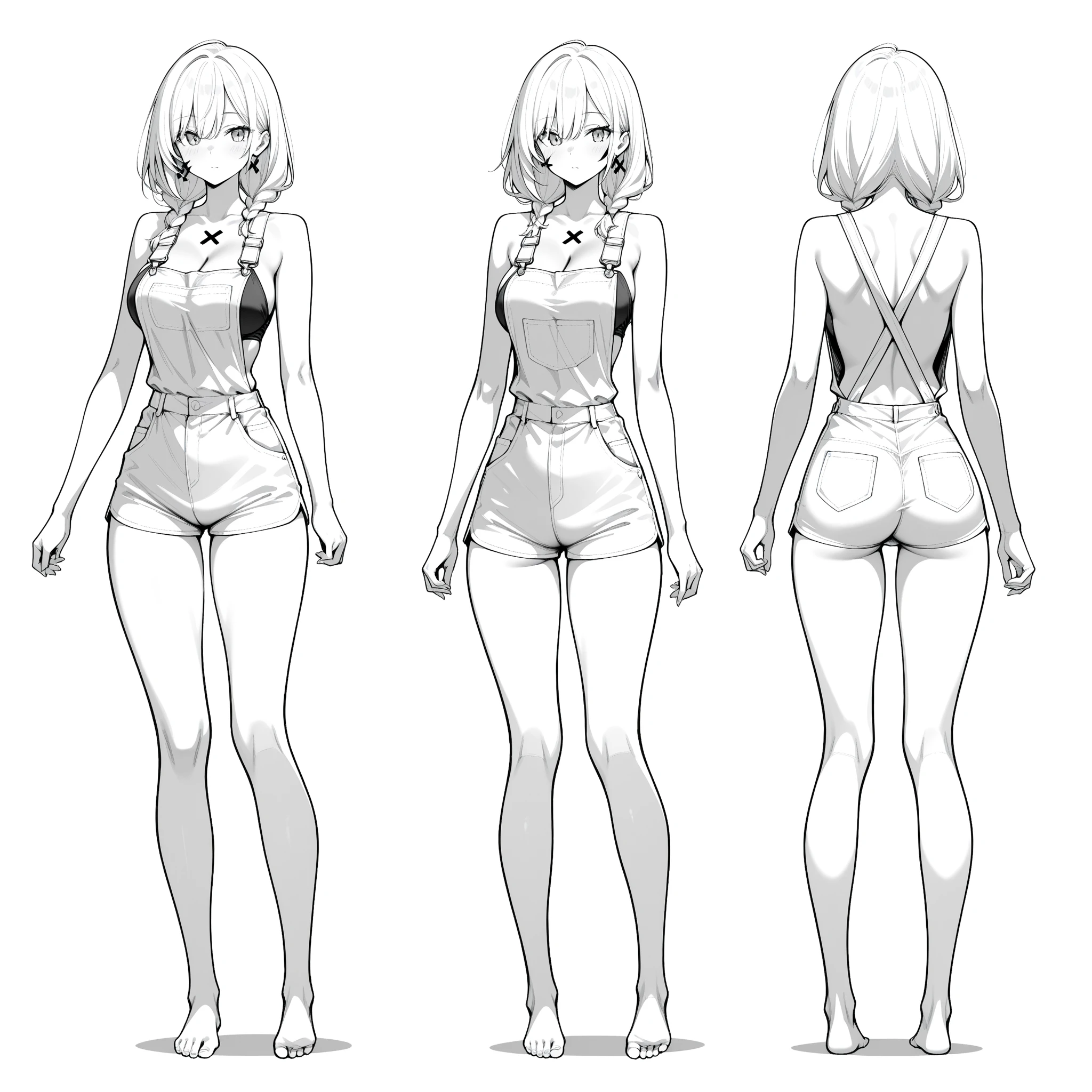 ((whole body)), standing, arched back, Line art，Comics Line art，Black and white Line art，Black and White，perfect anatomy, 1women, fullbody, long legged women, short hair，Chi Bangs，wearing sneakers, White bikini, smile，Clear and smooth lines，8k，masterpiece