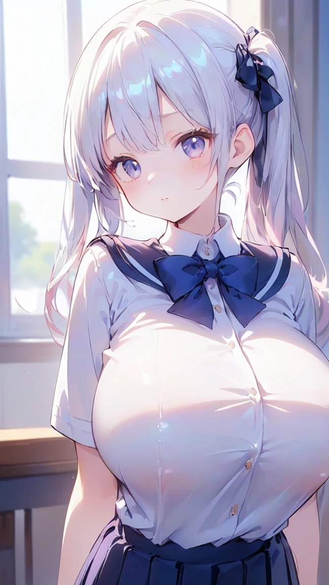 Ultra-high resolution, 8k,high quality,(Ultra-short stature,Gargari body,cowboy shot , ((no hat:1.3))),Slender,Cute hairstyle,(from top),(iridescent light,soft shadow,Anime Painting,thin line drawing),((((super enormous cartoon-like tits,school uniform、Twin tails、Girl、)))),