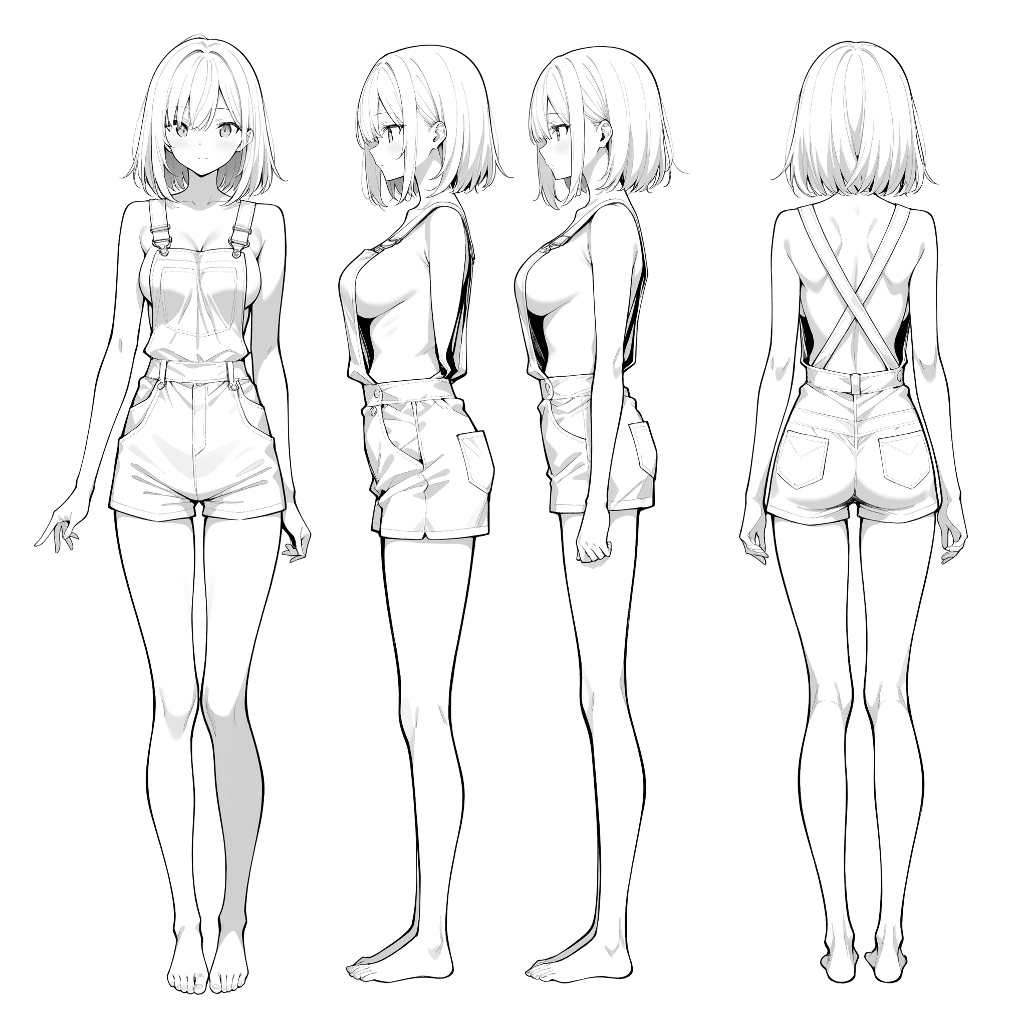 (masterpiece, best quality) detailed, sober girl, tall, drawing reference, reference, lineart, sketch, casual clothes, a short and a shirt, hips, long hair (character design sheet, same character, front, side, back)