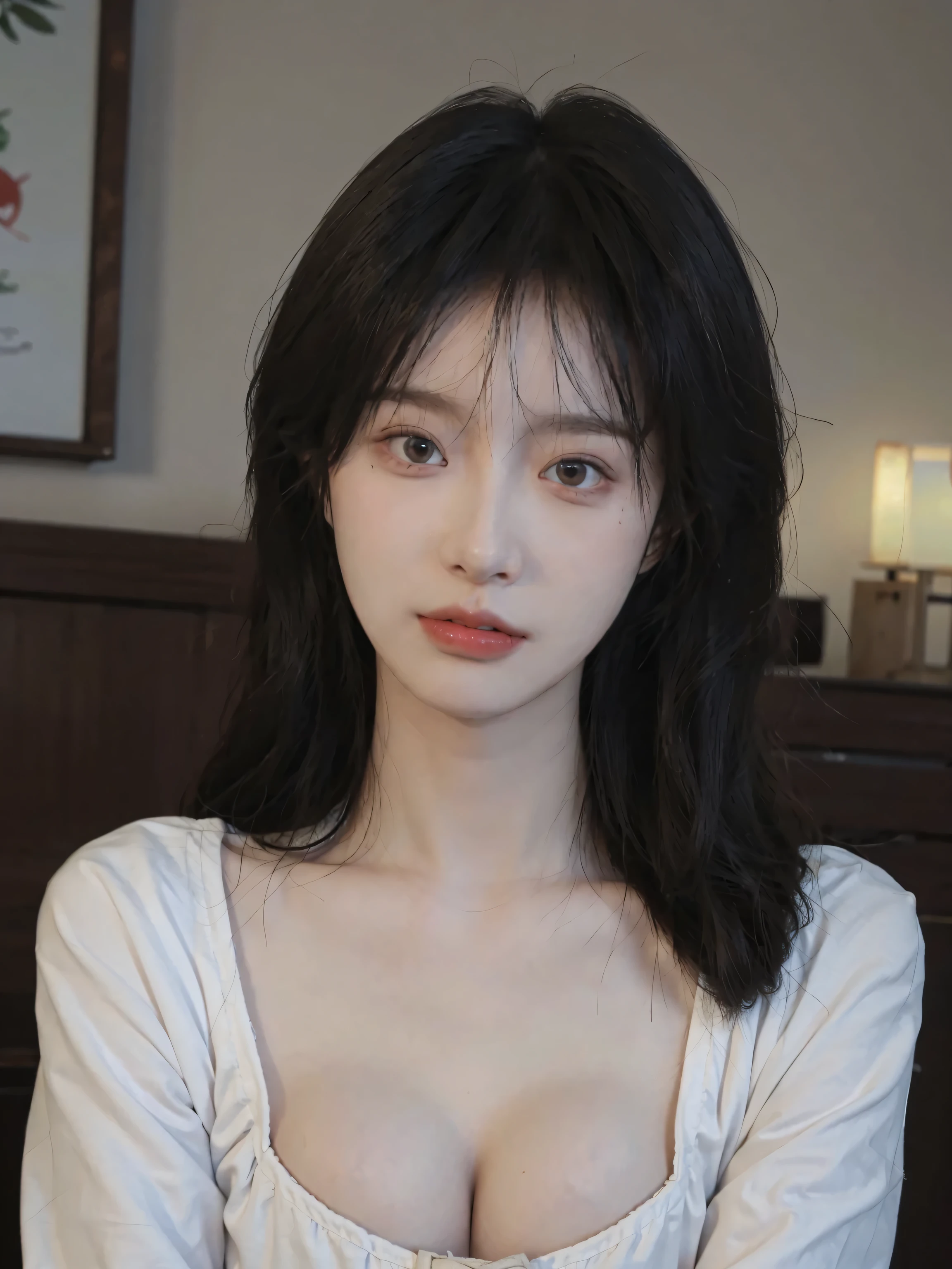 best quality, ultra high resolution, (realistically:1.4),cute hairpin,Baoyu Girl,Standing in the wedding hall,(flat chest:1.2) ,A pair of clear and charming peach blossom eyes,Royal sister,The sun shines on the face,Big wavy hairstyle,(necklace:1.2),(White skin:1.4),a sense of atmosphere,a beautiful girl,Looking directly at the viewer, Close-up cleavage ,(lifelike:1.4),1 girl,Sexy,(Upper body:1.4),(wet),(:1.2)