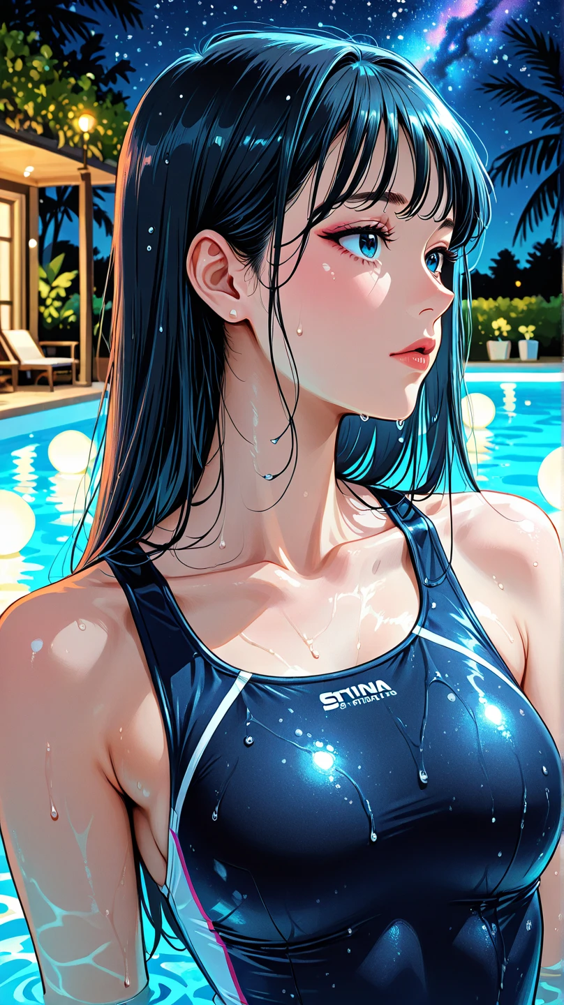 Hay una mujer con un body negro y auriculares puestos, Linda chica con traje sin mangas, is wearing a swimsuit, con un traje negro, Sexy cuerpo caliente, wet swimsuit, Black swimsuit, cuerpo sexy, in retro swimsuit, usando leotardo, Traje negro ajustado a la piel, Traje delgado, swimsuit, Hermosa modelo china, better known as amouranth