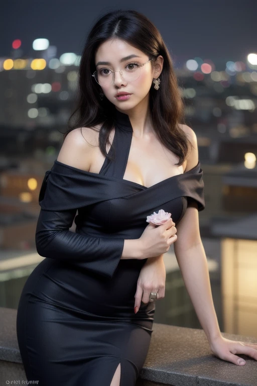 (((best quality))),(((ultra detailed))),(((masterpiece))),illustration,((1girl,Rui Kisugi,solo)),((slim,thin)),(huge breasts:1.3),(long wavy hair:1.2),((bare shoulder,shoulder off,cleavage)),(dark purple full-body tight-fitting catsuit:1.3),(wearing cyan ribbon around waist:1.3),(standing:1.3),(On the roof of skyscraper:1.3),(city view:1.2),(night scene:1.3),elegant,confident,athletic,curves,(slender legs:1.2),waist,concrete,glass,buildings,starry sky,natural beauty,captivating,thought-provoking,((from front,upper body))
