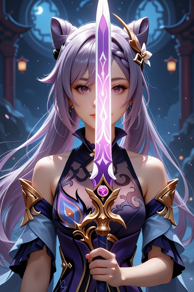 score_9, score_8_up, score_7_up,source_anime, high res image,masterpiece,(best quality:1.5),girl,cute face,clear skin,raiden_shogun_genshin,heart eyes, (upper body), (standing), (Taking the sword from the breast),(Holding a sword),