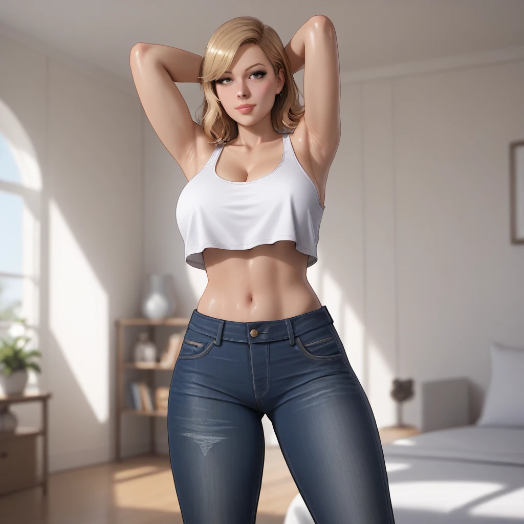 girl,short yellow hair,velvet red yoga pant,t-shirt,thick thighs, thin hips,in the room,standing,focus crotch