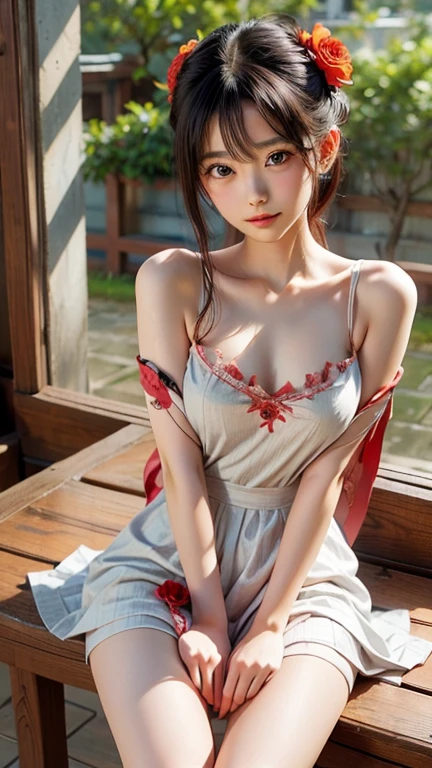 best quality,HDR,UHD,8K,Vivid Colors,solo,front view,photo_(medium),(looking at viewer:1.2),(1girl:1.3),(short hair:1.3),(outdoors:1.5),(sitting:1.5),furniture,bright light,(medium_shot:1.5),<lora:add_detail:1>,<lora:MiS_20230919132903:0.7>,MiS1,
