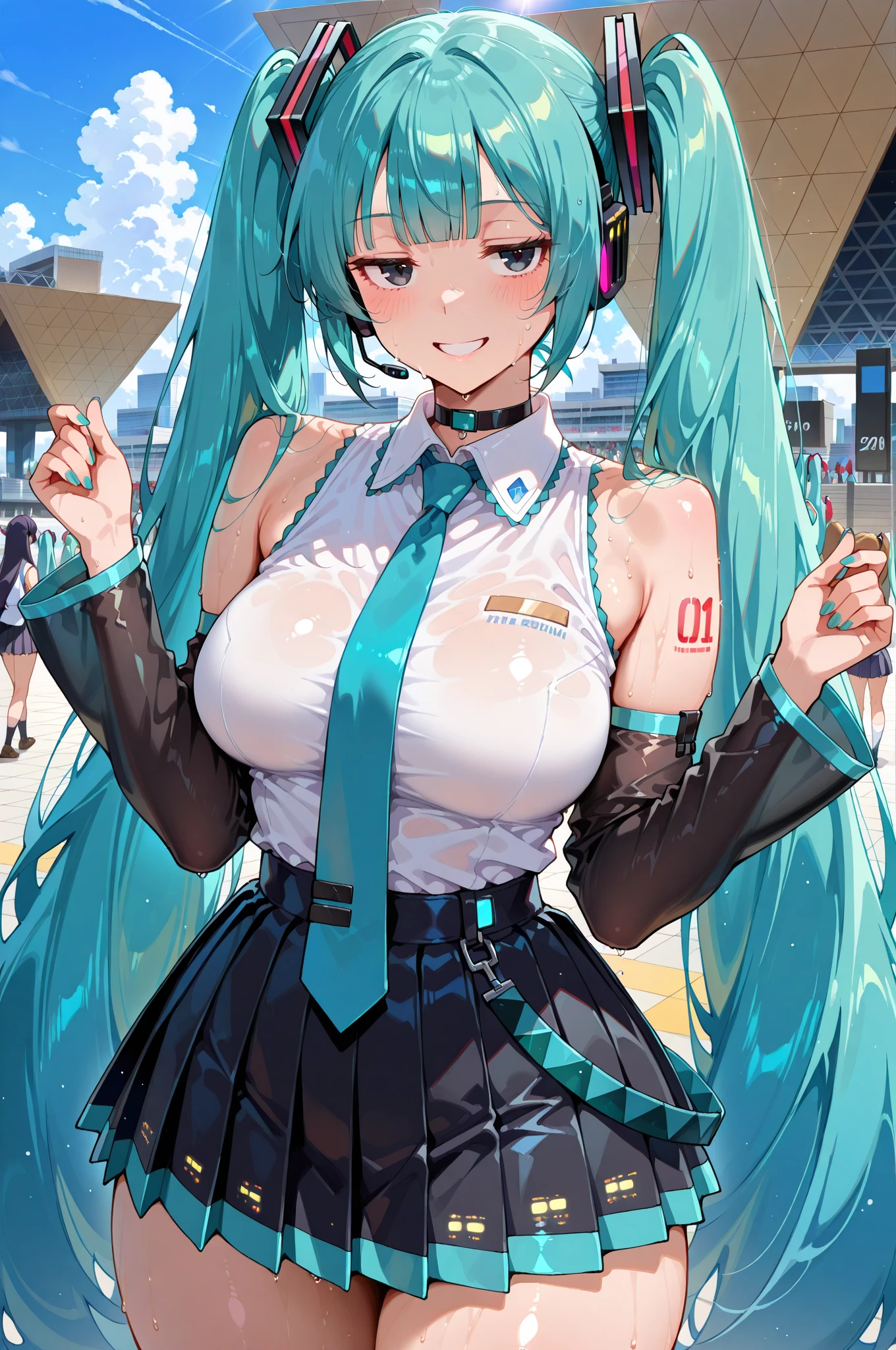 (((top-quality)), ((masterpiece)), Pitch Resuit、((Colossal tits:1.4))、goth_punk, 1girl in, 独奏,、top-quality, Photorealistic, An ultra-fine illustrations, beautiful attractive anime girl, miku hatsune, slender , Tied hair, Twintail 、one girls, a photo of girl, Full body shot, Beautiful blue eyes, Turned,、Puffy nipple、One Piece Mini Skirt Dress Racing Uniform 、Sobbing tears、 see -through、knee high white、pantyshot、(cum in vaginas:1.2)、cum in mouth.、Racing Circuit、Large crowds、Being watched、(G-string :1.3)、Open lips、 ssmile
