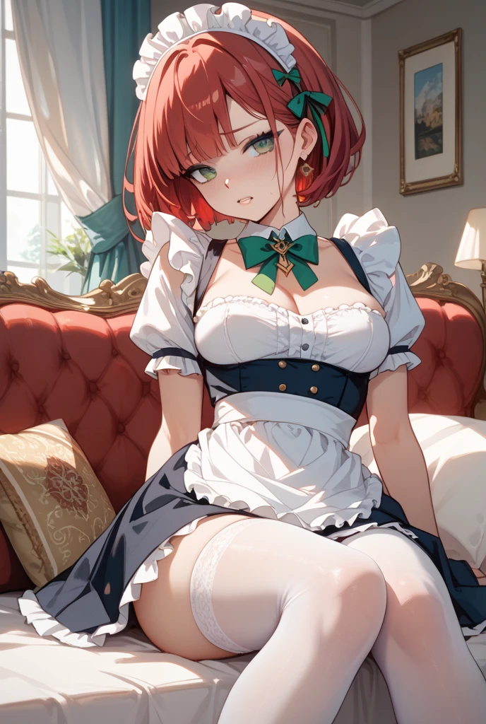 short hair, Red hair, green t-shirt, sad abode, tears, green dress, Lifts her dress to show her sexy panties, big breasts, garter belt in each stocking, White apron, yellow gloves, black panties, sexy black underwear.