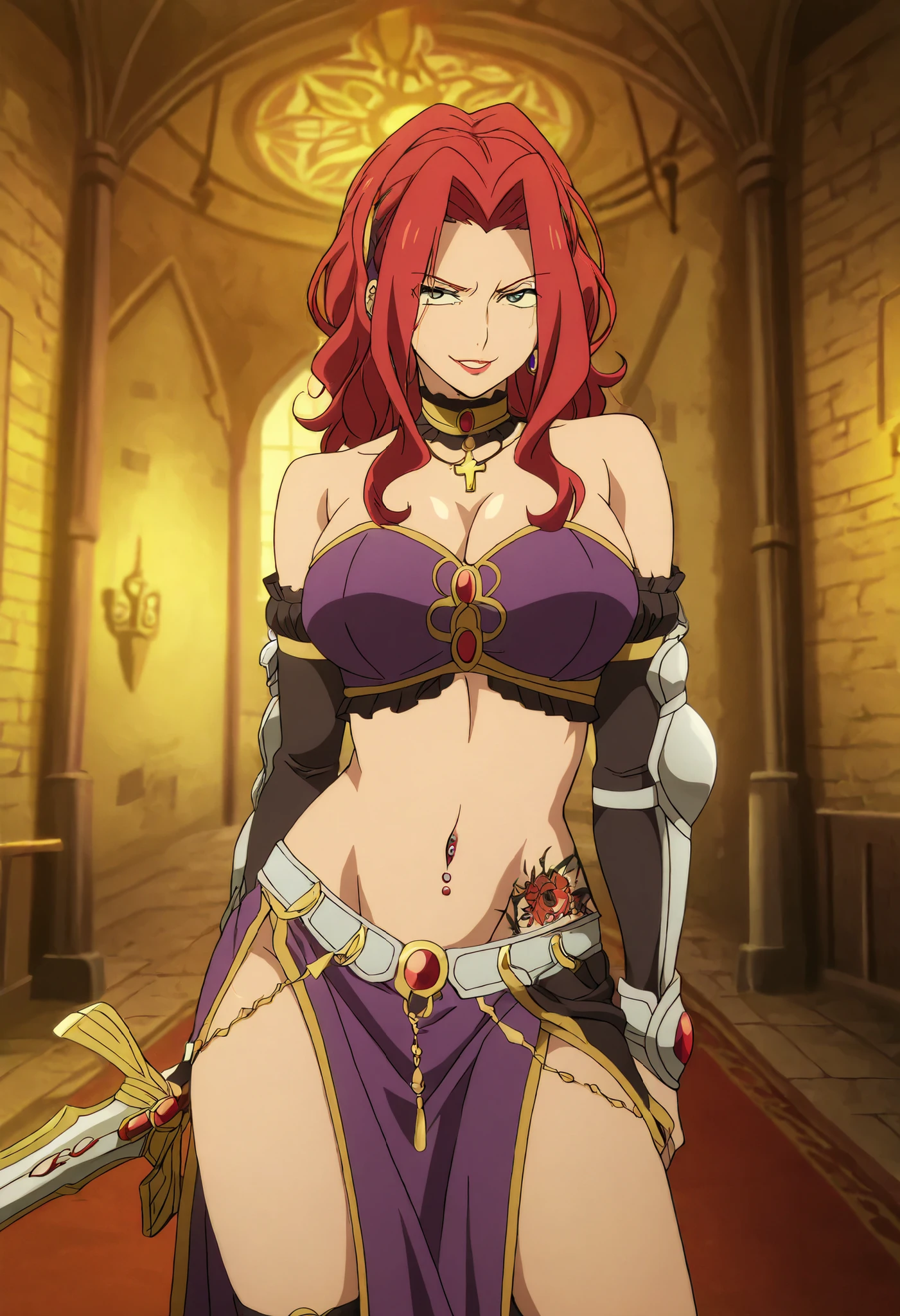 masterpiece, anime coloring, newest, Malty S Melromarc, , solo, looking at viewer, castle,inside castle, , ear piercing, long hair, lipstick,Hot girl, baddie, smoking, sensual, attractive ,cross
necklace, choker, neck ring, elbow gloves, midriff, earrings,,,
castle,inside castle, masterpiece, best quality, highly detailed ,gold_choker, complex detailed
background, inside, holding a sword, sword,harem_outfit,navel, necklace,
pelvic_curtain,revealing_clothes, veil, masterpiece,best quality,mature,evil
smile ,necklace,pendant, (nsfw) not safe for work, exposed belly, exposed navel, midriff,
exposed lower belly, ,cleavage, , european architecture, palace , belly button piercing , medium large breast ,looking at viewer , dragon tattoo on waist, narrowed eyes, tattoo on waist, anipai_style , anime screencap , anime coloring, v-shape eyebrows,Harem Dancer
