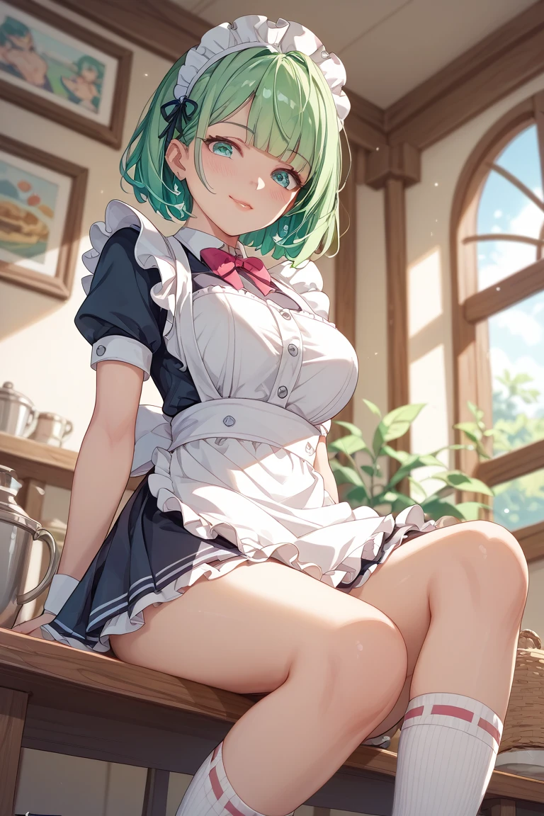 Girl with medium green hair, green eyes, maid uniform, smile, breast, Big hips, neckline, costs, lustful face, indoors, rich living room, holding her skirt, lifts her skirt, shows panties, Green thongs, Mature figure, big breast