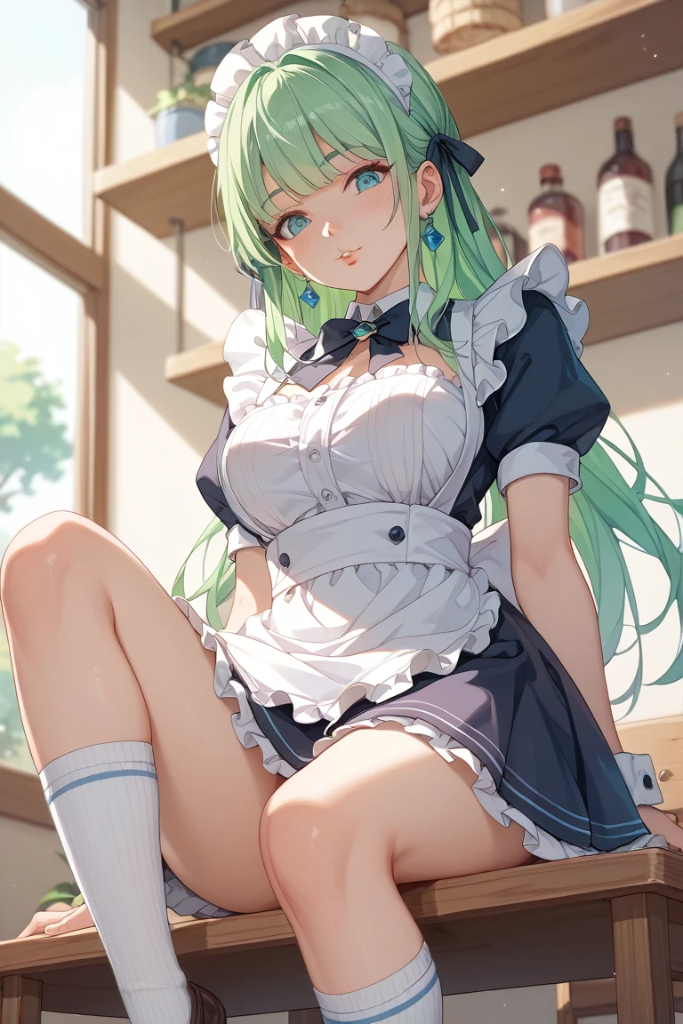 ((highest quality、Mastepiece、High resolution))、(((Zoom photo from above:1.95、15 years old、blush、Cat ears headband、Maid、black tights、Cute smile:1.5、、Wet body、Wet Hair、Cleavage、Green Hair、Straight Hair、In the classroom)))
