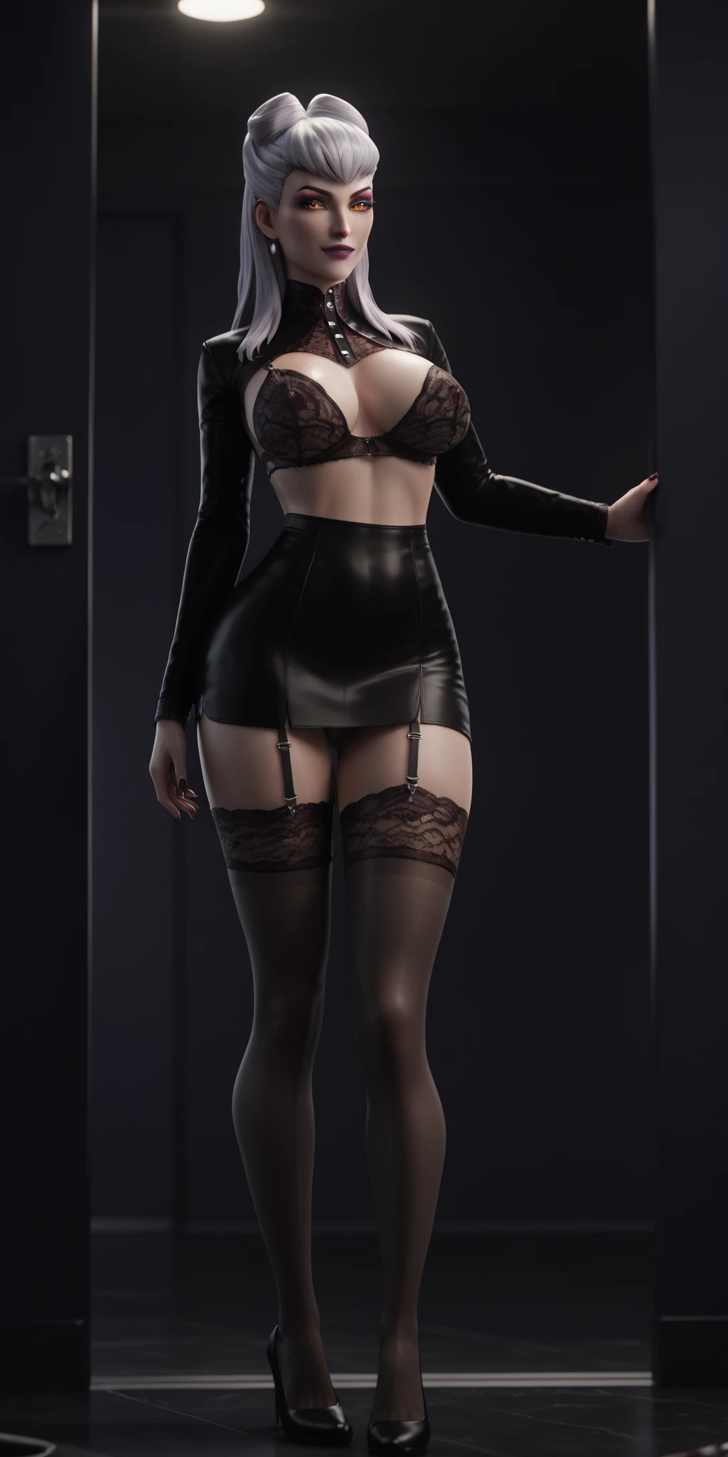 2 heads,Portrait of a 60 year old woman with short brown hair, captivating gaze, brown eyes, wrinkles on her face, black pantyhose,high heel boots,reveal her big saggy breasts, light makeup and red lips. 32k