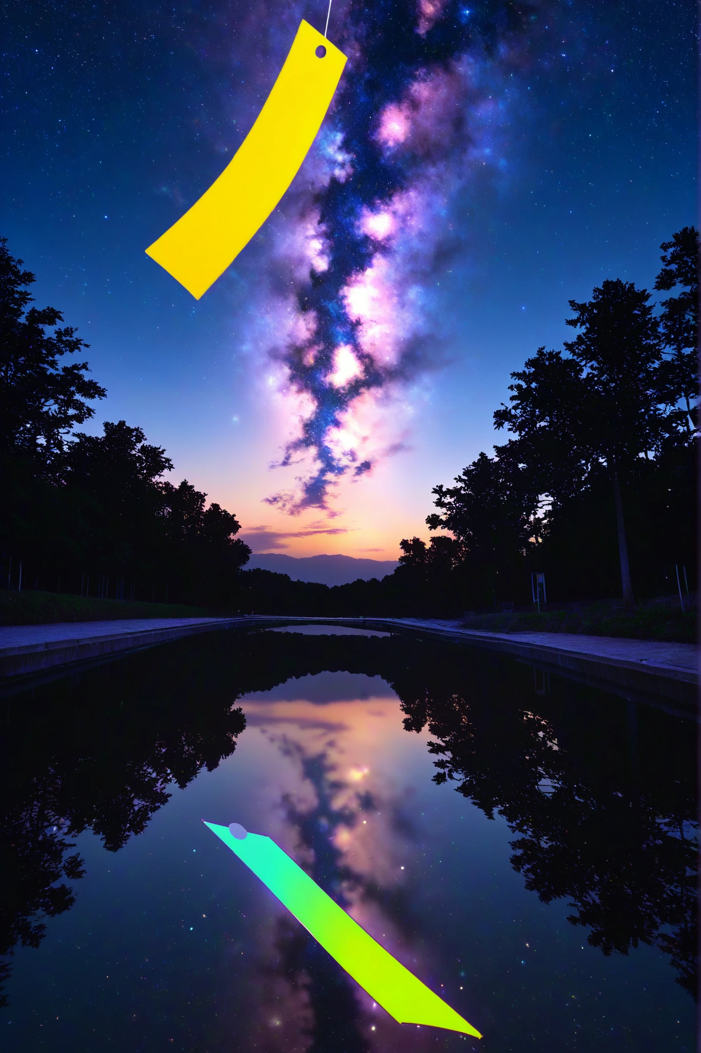 close-up:1.8、Fairy、
photo background:Tanabata Night、 Milky Way、Tanzaku、mirror reflection、water surface