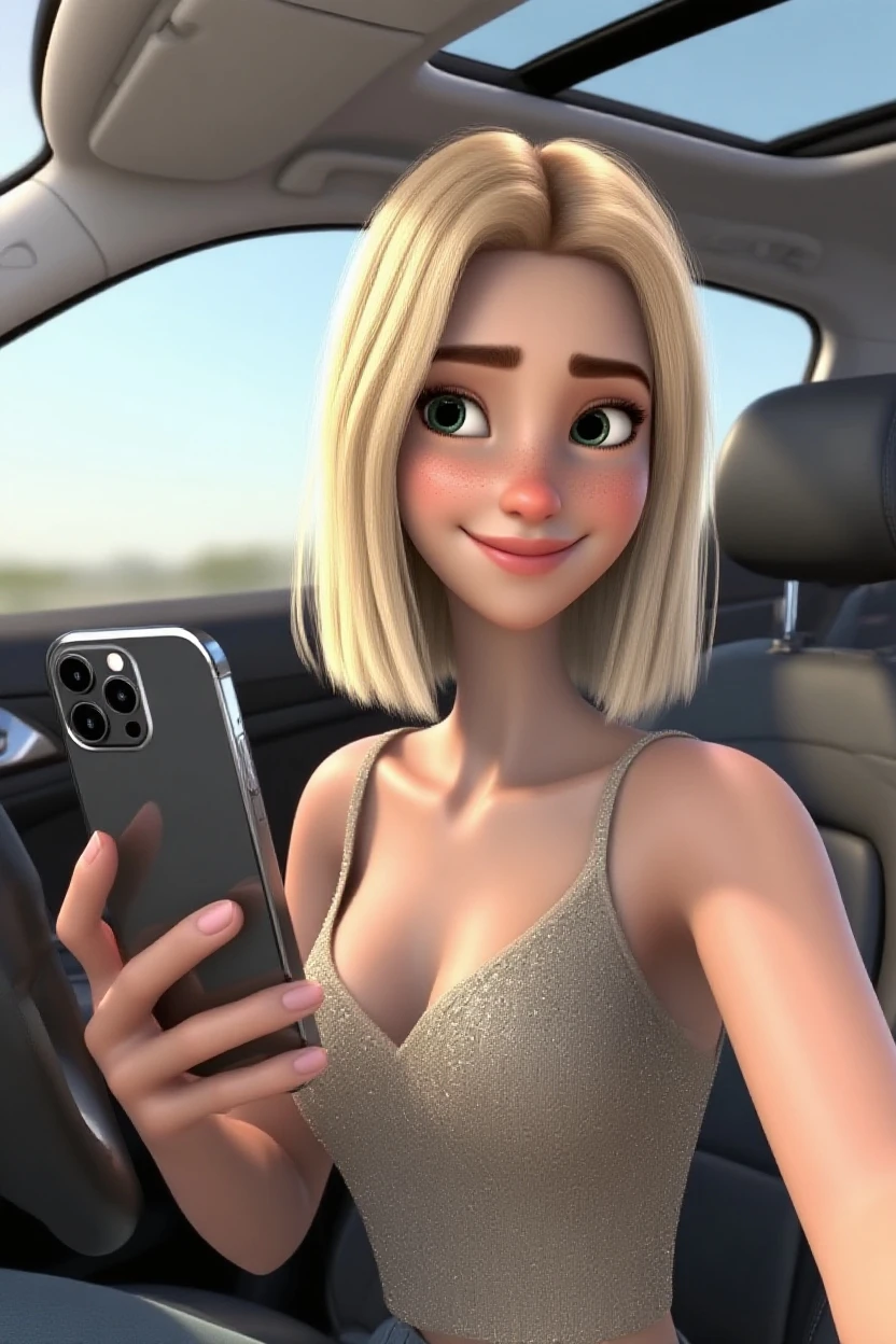 Selfie of a 21-year-old girl in a flirty and cute dress with a 67-year-old man, muscular, They are both inside a truck., They are inside a luxury car.., background inside a car, he is very attractive, selfie inside the car