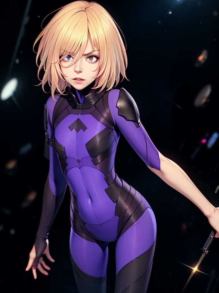 18 yo girl,lilac spider suit,short blunt hair,blonde,beautiful face,rain,masterpiece,intricate detail,Open mouth,perfect anatomy,Back head,arch back,
by artist Shuichi Shigeno,