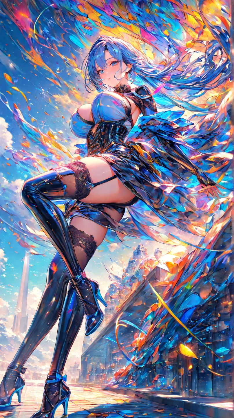 Sexy giantess woman with very hot dress, red hair, and blue eyes walks with her long hot legs, destroying the whole city in her way. She is looking down at the little humans who are at the height of her heels with a face of contempt towards them. Giantess, Goddess, sexy legs, heels, hot, curvaceous body, mommy issues, small town, small people, tiny people, macrophilia, perspective from below, high quality