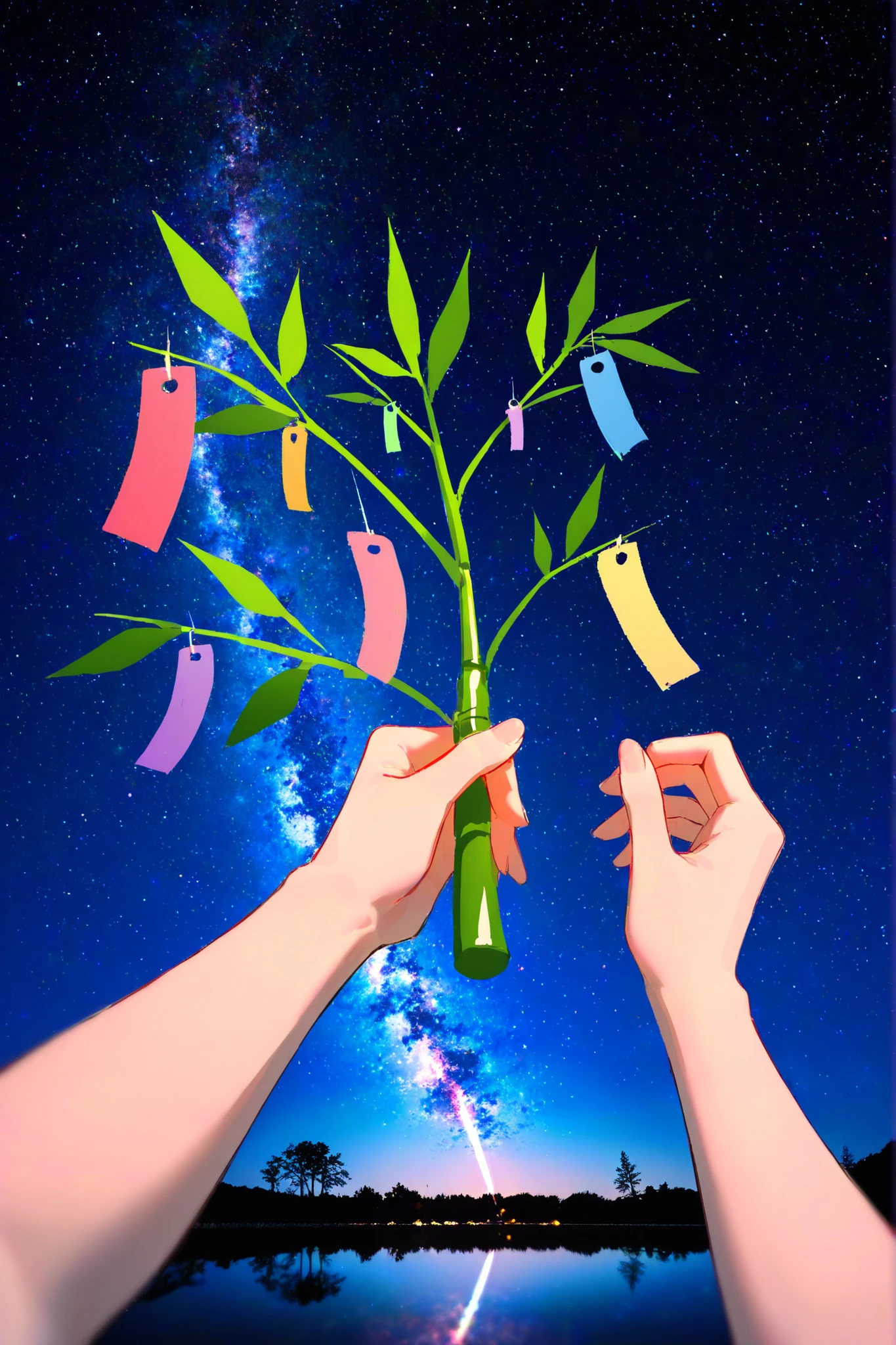 close-up：1.8，fairy drawing constellations in the night sky、Tanzaku、
photo background:Midnight Tanabata、Tanzaku、mirror reflection、water surface