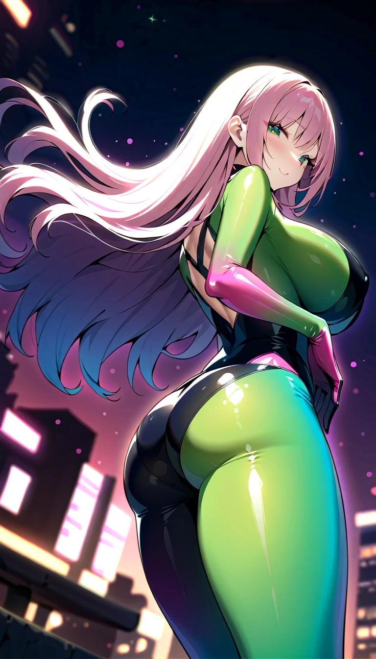 Fundo, language_Mixed text, graphite Japanese letters, Beautiful woman Ashley Alexis, long  hair, Excellent lighting, side lights, (((ridiculously large breasts)))、(Ridiculously huge breasts:1.5)、((huge udder))、Perfect Ending (Bubblegum pink gradient flat color: 1.3), (magazine_skyla: 1.4), (Polychromatic_Background: 1.3), Stripes_Background, The card_Background, :: A circular fragment of white metal glued to an ultra-detailed arm coming out of a shimmering glow,  Black star design in the middle of a T-shirt, Perfect and detailed engraved body, Ultra detailed shirt with abstract design and graphite print Japanese letters on the side of the clothes, With immersive effects, Hover effect, Graffiti flower style background, With bright flowers and colors, "Ultras" Detailed HDR with blur effect on sides,  (masterpiece: 1.2, beste-Qualit), (Beautiful emerald yellow eyes with huge fine eyelashes: 1.2), , ((yui)), (Fine eyes and a dense face: 1.3), Beautiful ultra-detailed eyes, Linear Light Smile, Graphite and tattoo style background, female pervert, soio. septum, Skintight bodysuit with detailed tattoo-style prints, Super Detail Red Gradient Leather Jacket, Warm thighs, Black skin tight pants with ultra-detailed white and pink details,, Ultra-detailed bracelet on the arm, , Bracelet on the right arm with energy