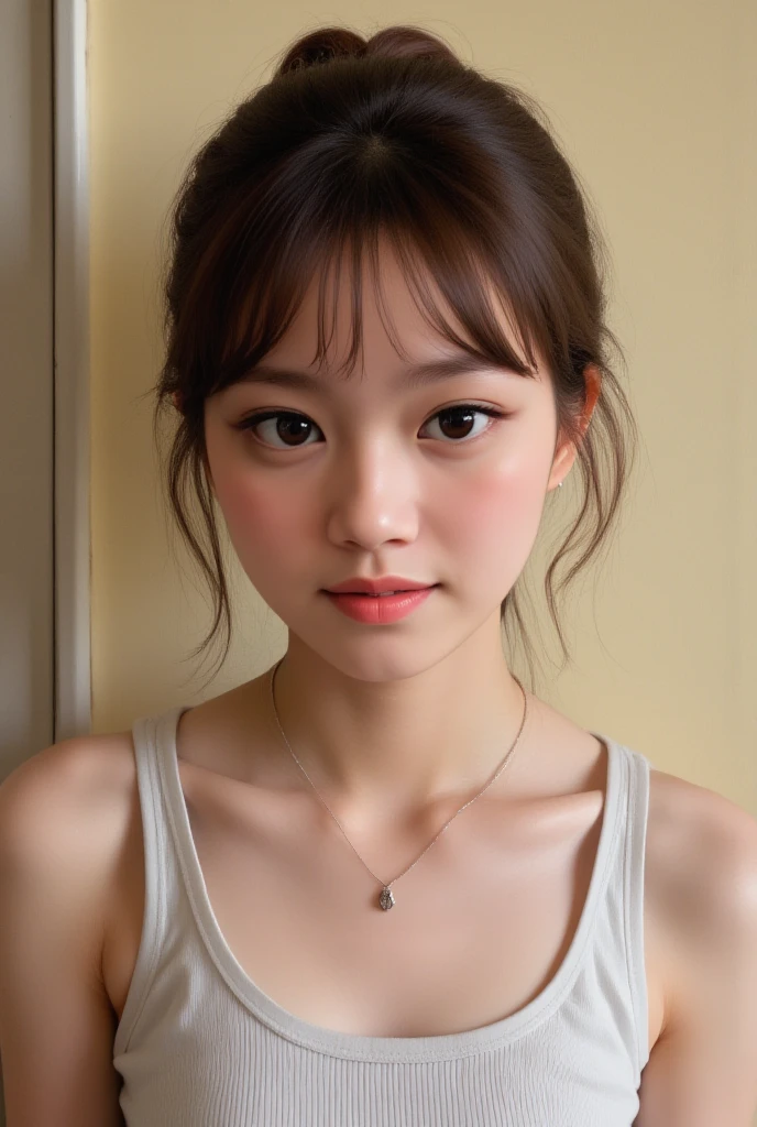 (natta:1.7), East Asian Architecture, 1 girl, sixteen years old、Colossal tits Beautiful shiny straight semi-long、Beautiful fingers,Beautiful long legs,Beauty Body,Cute nose,Beautiful character design,perfect eyes,face perfect,looking at viewert,(Innocent_Big_Eyes:1.0),(light_Smile:0.3),offcial art,ighly detailed ,(tmasterpiece:1.0),(best_quality:1.0), 超A high resolution,4K,ultra - detailed, photography of, 8K, nffsw, hight resolution, the background is blurred, (Beautiful_Face:1.5),(8K,Raw photo, 、Relax at a ryokan in Japan、(The background is a café restaurant at night:1.3),(White tank top&White Beige Shoulder Length Knit Cardigan、Plaid Flared Micro Mini Skirt:1.3),(Colossal tits) Backgrounds with depth Three-dimensional feeling ((White Beige Knitted Camisole、Thin string:1.4)) (Beautiful large breast:1.2
), (Sitting leaning forward with your chest proudly on the table:1.3)