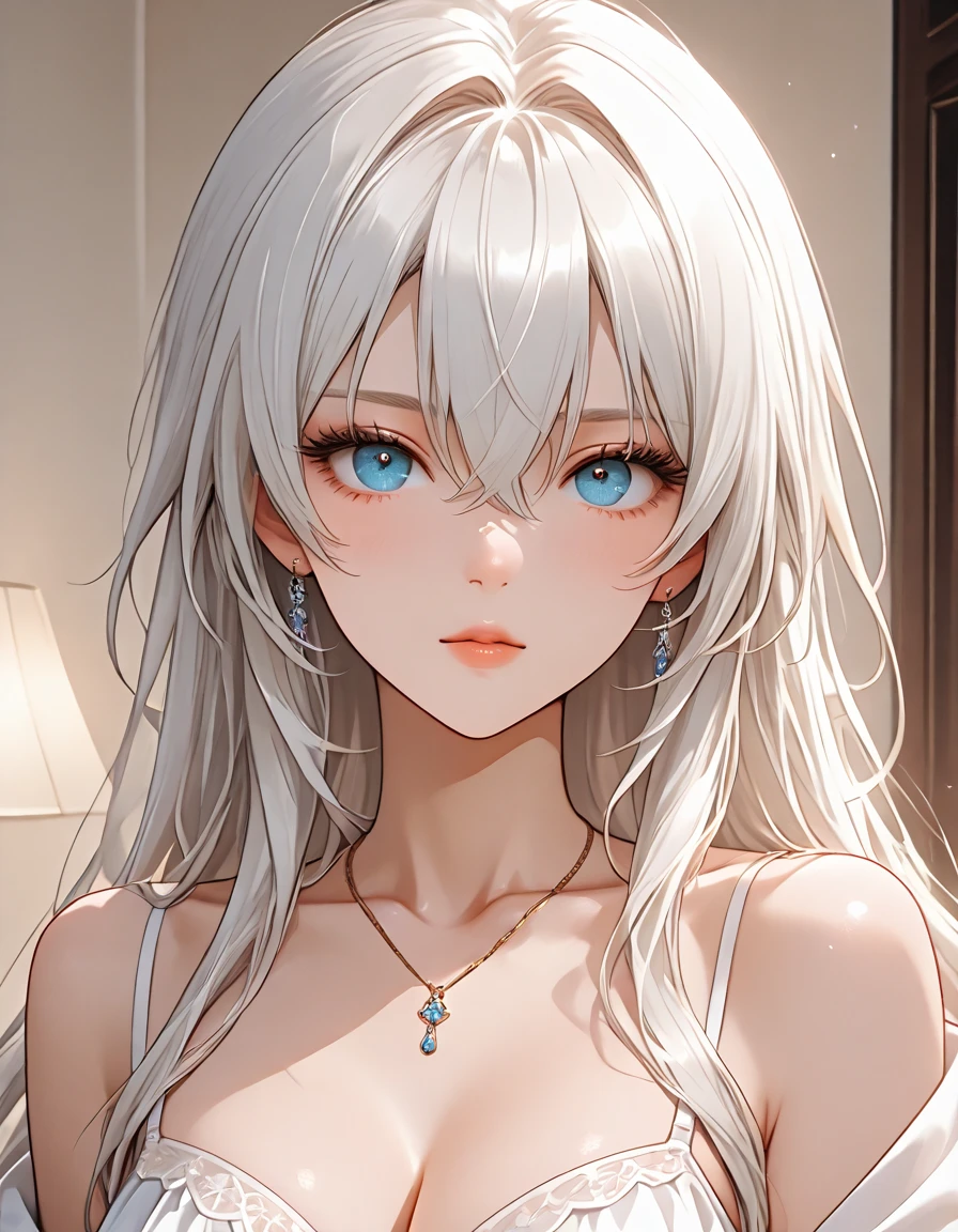A girl with long elegant white hair,determined grey eyes,fair skin tone, elegant body,elegant underwear, detailed eyes, detailed body,long shot, 8k highres best quality.