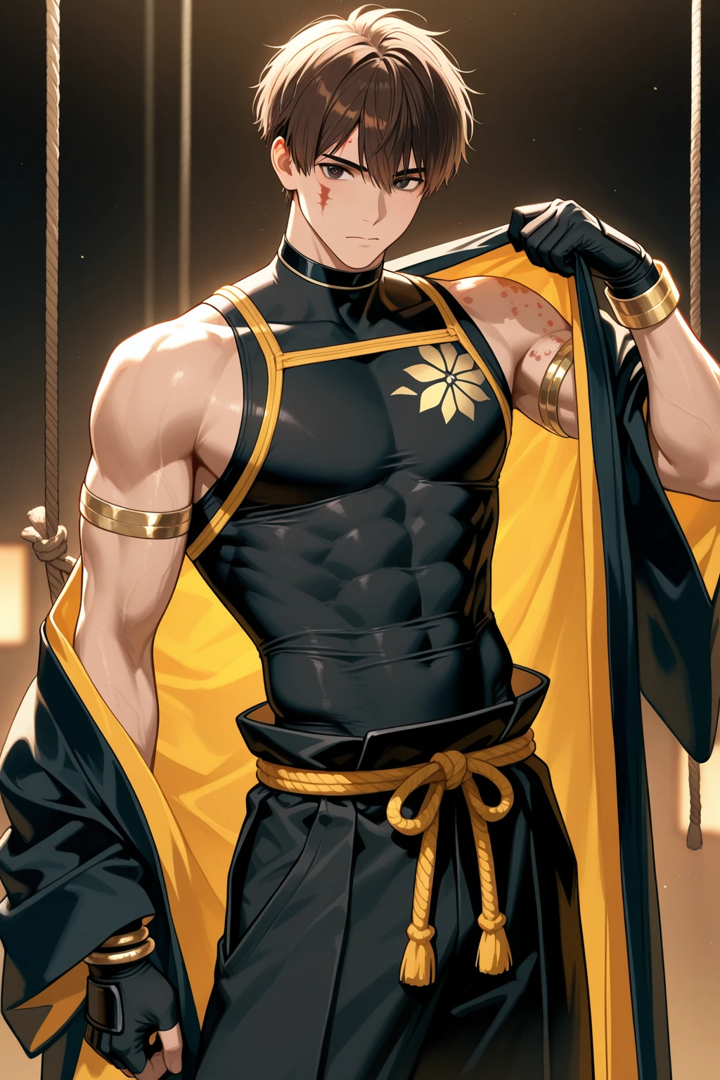 Beste-Qualit, master piece, ultra highres, detailed background, Realstic, solo, young guy, Warm up, Zagreus, 18 years, Yellow briefs, without outerwear, bare top, slender body, immature, immature male, ash hair, the forest, night, Moonlight, lake