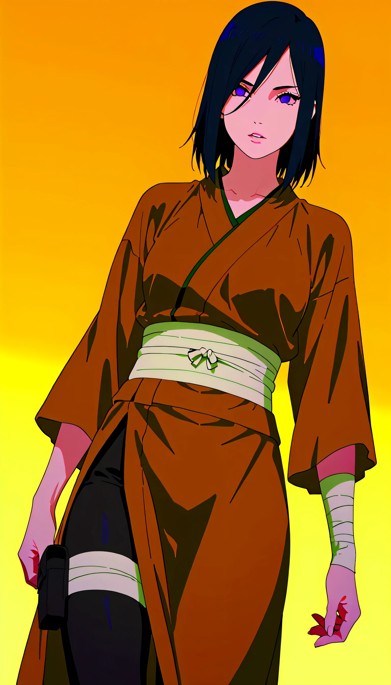(((IZUMI NASE)))) walking confidently through a war field. The art style should closely match that of Naruto or similar shounen anime, with clean linework and soft shading. ((Solo)) wearing an traditional kimono with layered leg accessories (bandages, thigh pouch, dark ninja stockings). Her expression is calm but determined. dutch angle, centered, clean background, ((perfect lips)), delicate, feminine, sweet, melancholic