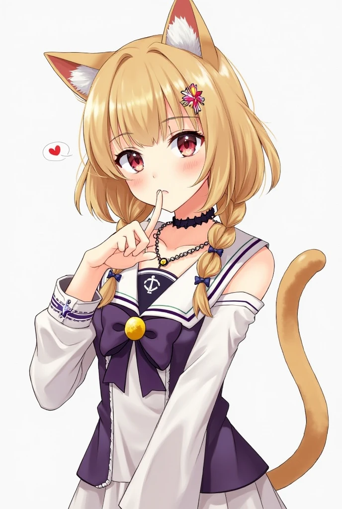 score_9, score_8_up, score_7_up, source_anime,novelance,by oekakizuki,, 1girl, ahoge, anchor, anchor symbol, animal ear fluff, blunt bangs, bow, braid, cat girl, closed mouth, finger to mouth, heart, jewelry, looking at viewer, necklace, official alternate costume, simple background, solo, twin braids, twin drills, upper body,