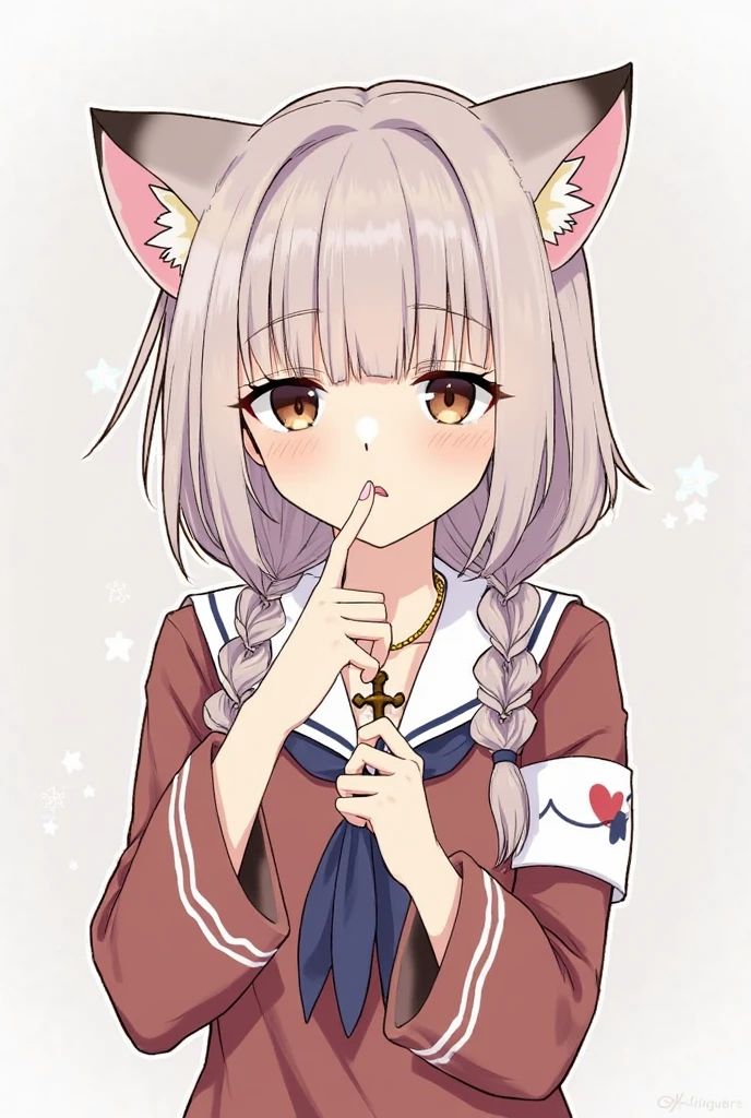 score_9, score_8_up, score_7_up, source_anime,novelance,by oekakizuki,, 1girl, ahoge, anchor, anchor symbol, animal ear fluff, blunt bangs, bow, braid, cat girl, closed mouth, finger to mouth, heart, jewelry, looking at viewer, necklace, official alternate costume, simple background, solo, twin braids, twin drills, upper body,