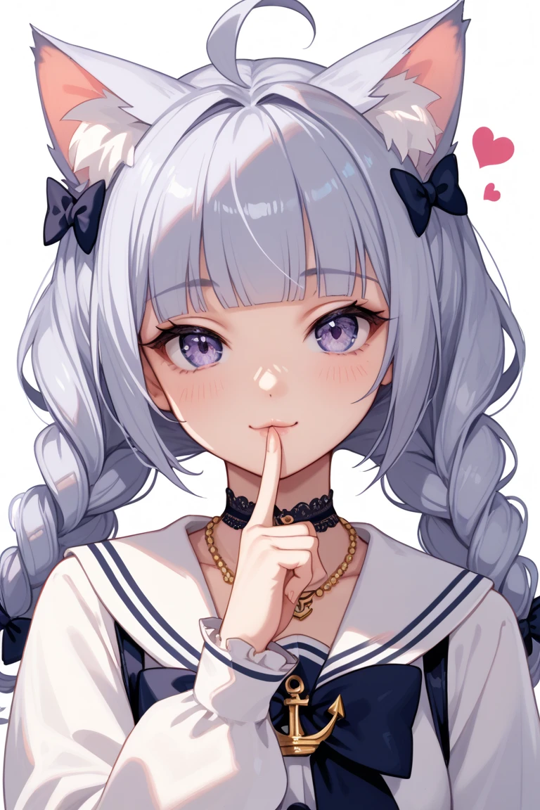 score_9, score_8_up, score_7_up, source_anime,novelance,by oekakizuki,, 1girl, ahoge, anchor, anchor symbol, animal ear fluff, blunt bangs, bow, braid, cat girl, closed mouth, finger to mouth, heart, jewelry, looking at viewer, necklace, official alternate costume, simple background, solo, twin braids, twin drills, upper body,