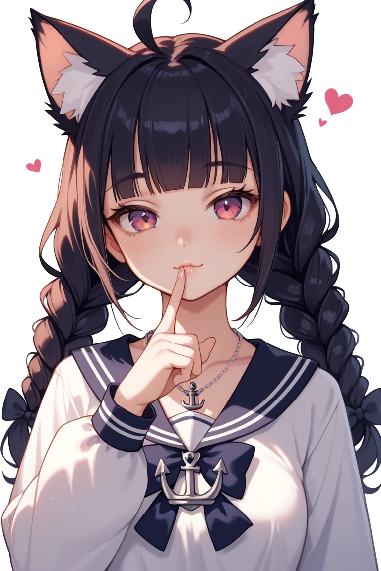 score_9, score_8_up, score_7_up, source_anime,novelance,by oekakizuki,, 1girl, ahoge, anchor, anchor symbol, animal ear fluff, blunt bangs, bow, braid, cat girl, closed mouth, finger to mouth, heart, jewelry, looking at viewer, necklace, official alternate costume, simple background, solo, twin braids, twin drills, upper body,