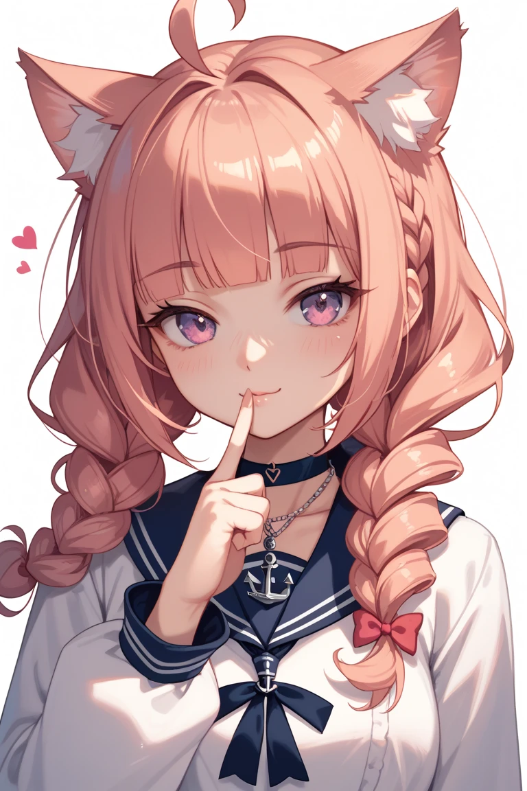 score_9, score_8_up, score_7_up, source_anime,novelance,by oekakizuki,, 1girl, ahoge, anchor, anchor symbol, animal ear fluff, blunt bangs, bow, braid, cat girl, closed mouth, finger to mouth, heart, jewelry, looking at viewer, necklace, official alternate costume, simple background, solo, twin braids, twin drills, upper body,