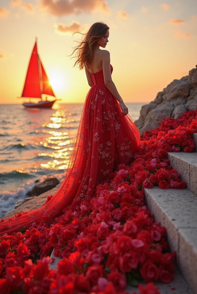 Beautiful girl,Red floral dress,Long flowers trailing,Climb the steps,falling flower petals,the sunset,the sea,a boat with scarlet sails,Hyper-detail photography,Bright colors,artsy photography,dramatic light,Cinematic composition,Professional photography