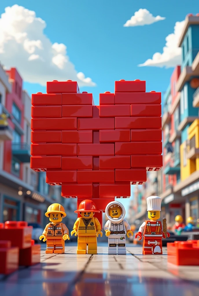 bright and colorful LEGO city,Lego figures,Half Built Huge Heart,Red Lego Blocks,Square Edge,Symmetrical shape,Lego Firefighter,Red Helmet yellow uniform,Little Ladder,Lego Astronaut,white spacesuit gold mask,Lego Chef,White Uniform Rolling Pin,Construction workers,Large Red Blocks,Scattered Blocks,欢呼的Lego figures,Bright blue sky,fluffy white LEGO clouds,The Joy of Teamwork,Detailed Background,Great Light,Fine shadows,Intricate Details,Bright colors,Ultra detailed,ultra-clear,DB4RZ Style Painting,NeoPigma,cksc style,anime,Cyberpunk,masterpiece,winning artwork,Professional photography,cinematic compositions,dramatic light,sharp fokus,High resolution,Bright colors,artsy photography,Detailed textures,Perfectcomposition