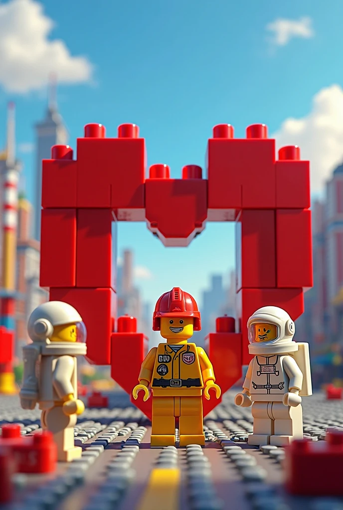 bright and colorful LEGO city,Lego figures,Half Built Huge Heart,Red Lego Blocks,Square Edge,Symmetrical shape,Lego Firefighter,Red Helmet yellow uniform,Little Ladder,Lego Astronaut,white spacesuit gold mask,Lego Chef,White Uniform Rolling Pin,Construction workers,Large Red Blocks,Scattered Blocks,欢呼的Lego figures,Bright blue sky,fluffy white LEGO clouds,The Joy of Teamwork,Detailed Background,Great Light,Fine shadows,Intricate Details,Bright colors,Ultra detailed,ultra-clear,DB4RZ Style Painting,NeoPigma,cksc style,anime,Cyberpunk,masterpiece,winning artwork,Professional photography,cinematic compositions,dramatic light,sharp fokus,High resolution,Bright colors,artsy photography,Detailed textures,Perfectcomposition