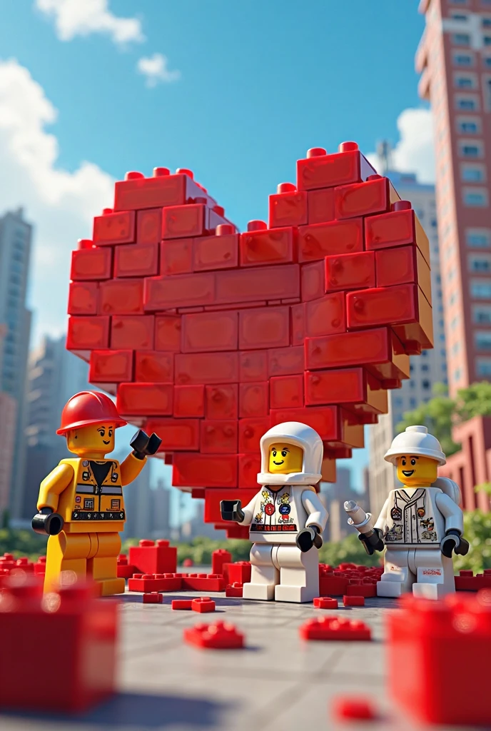 bright and colorful LEGO city,Lego figures,Half Built Huge Heart,Red Lego Blocks,Square Edge,Symmetrical shape,Lego Firefighter,Red Helmet yellow uniform,Little Ladder,Lego Astronaut,white spacesuit gold mask,Lego Chef,White Uniform Rolling Pin,Construction workers,Large Red Blocks,Scattered Blocks,欢呼的Lego figures,Bright blue sky,fluffy white LEGO clouds,The Joy of Teamwork,Detailed Background,Great Light,Fine shadows,Intricate Details,Bright colors,Ultra detailed,ultra-clear,DB4RZ Style Painting,NeoPigma,cksc style,anime,Cyberpunk,masterpiece,winning artwork,Professional photography,cinematic compositions,dramatic light,sharp fokus,High resolution,Bright colors,artsy photography,Detailed textures,Perfectcomposition