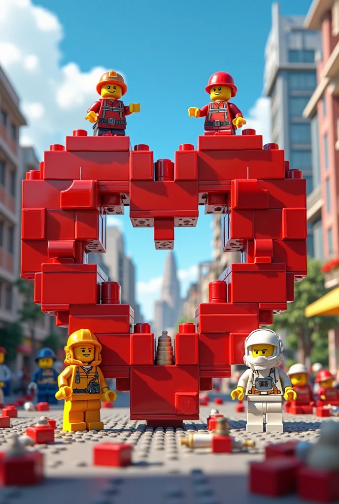 bright and colorful LEGO city,Lego figures,Half Built Huge Heart,Red Lego Blocks,Square Edge,Symmetrical shape,Lego Firefighter,Red Helmet yellow uniform,Little Ladder,Lego Astronaut,white spacesuit gold mask,Lego Chef,White Uniform Rolling Pin,Construction workers,Large Red Blocks,Scattered Blocks,欢呼的Lego figures,Bright blue sky,fluffy white LEGO clouds,The Joy of Teamwork,Detailed Background,Great Light,Fine shadows,Intricate Details,Bright colors,Ultra detailed,ultra-clear,DB4RZ Style Painting,NeoPigma,cksc style,anime,Cyberpunk,masterpiece,winning artwork,Professional photography,cinematic compositions,dramatic light,sharp fokus,High resolution,Bright colors,artsy photography,Detailed textures,Perfectcomposition