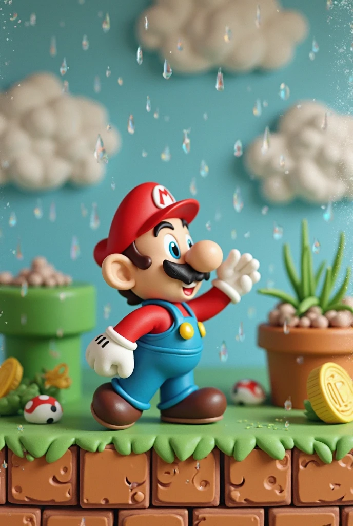 Soft uneven texture,Polaroid film,VHS video low quality,handmade clay production,retro video quality,Rough Imperfect Elements {x} Side-Scrolling Mario Game Levels,nostalgic pixel art,Uneven texture,distorted effect,Soft to the touch,colorful clay,clay Mario,round limbs,uneven beard,pixelated 8 clumsy world,clay pipe,clay gold coin,clay Goombas,Simulates a rainy day Film Still Frames,game ui,classic scorer,MARIO text,coin count,timer,square letter,retro video quality,playful Looks like,clay animation,Vintage photography,Film graininess,retro aesthetic,low fidelity quality,analog effects