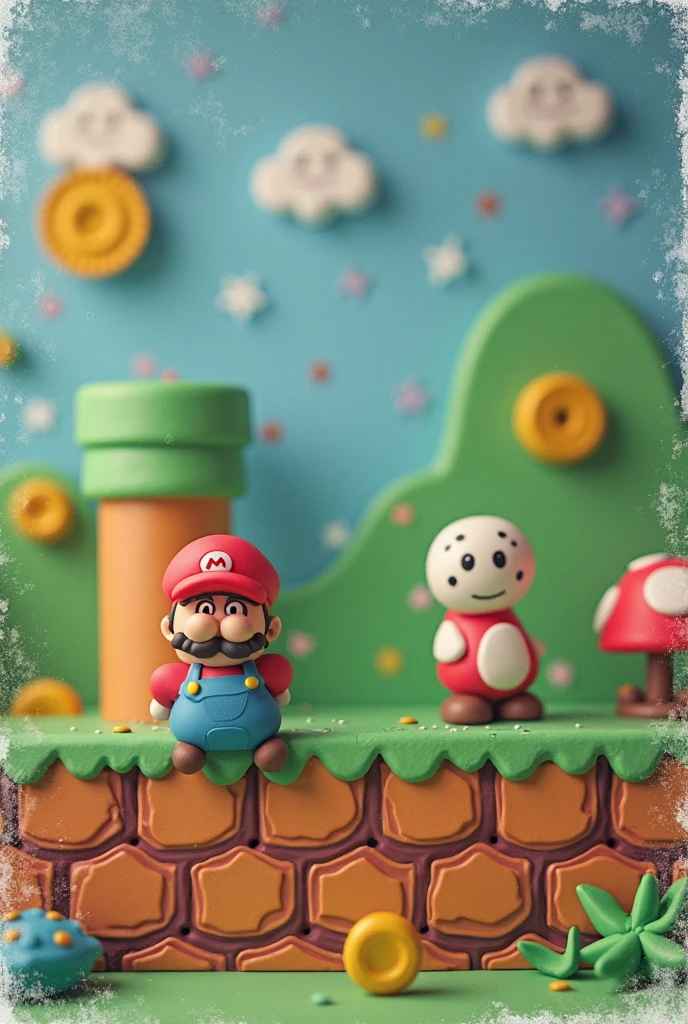 Soft uneven texture,Polaroid film,VHS video low quality,handmade clay production,retro video quality,Rough Imperfect Elements {x} Side-Scrolling Mario Game Levels,nostalgic pixel art,Uneven texture,distorted effect,Soft to the touch,colorful clay,clay Mario,round limbs,uneven beard,pixelated 8 clumsy world,clay pipe,clay gold coin,clay Goombas,Simulates a rainy day Film Still Frames,game ui,classic scorer,MARIO text,coin count,timer,square letter,retro video quality,playful Looks like,clay animation,Vintage photography,Film graininess,retro aesthetic,low fidelity quality,analog effects
