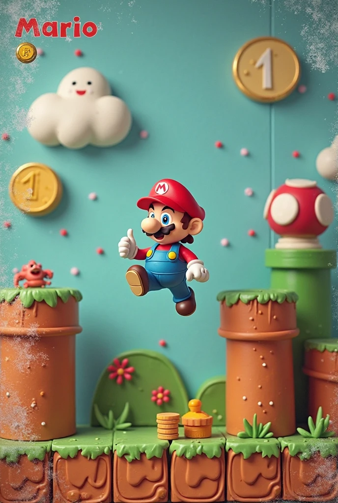 Soft uneven texture,Polaroid film,VHS video low quality,handmade clay production,retro video quality,Rough Imperfect Elements {x} Side-Scrolling Mario Game Levels,nostalgic pixel art,Uneven texture,distorted effect,Soft to the touch,colorful clay,clay Mario,round limbs,uneven beard,pixelated 8 clumsy world,clay pipe,clay gold coin,clay Goombas,Simulates a rainy day Film Still Frames,game ui,classic scorer,MARIO text,coin count,timer,square letter,retro video quality,playful Looks like,clay animation,Vintage photography,Film graininess,retro aesthetic,low fidelity quality,analog effects