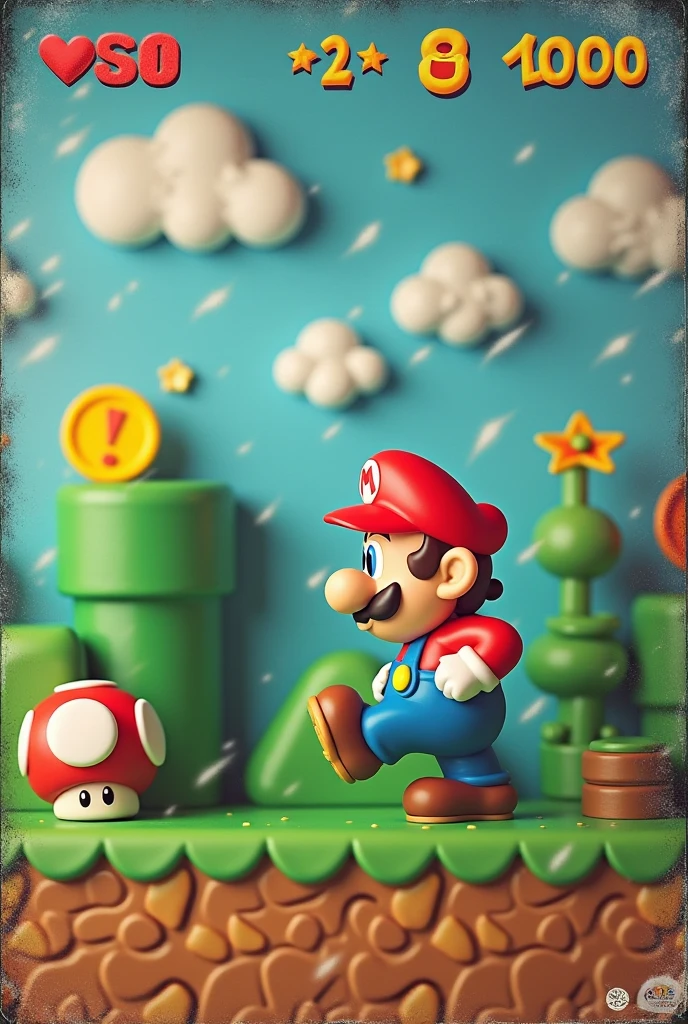 Soft uneven texture,Polaroid film,VHS video low quality,handmade clay production,retro video quality,Rough Imperfect Elements {x} Side-Scrolling Mario Game Levels,nostalgic pixel art,Uneven texture,distorted effect,Soft to the touch,colorful clay,clay Mario,round limbs,uneven beard,pixelated 8 clumsy world,clay pipe,clay gold coin,clay Goombas,Simulates a rainy day Film Still Frames,game ui,classic scorer,MARIO text,coin count,timer,square letter,retro video quality,playful Looks like,clay animation,Vintage photography,Film graininess,retro aesthetic,low fidelity quality,analog effects