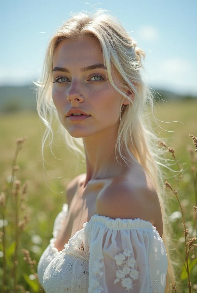 high-definition photography，美丽的白种女性，white skinned，blonde，Blue eyes，white dress，black dress，cavalos，与cavalos站在一起，Portrait Photogram，Beautiful white woman with detailed facial，gracefulpose，blue-sky，green meadows，steppe landscape，Lush Flowers，natural light，Professional photography，sharp fokus，Real details，Cinematic composition