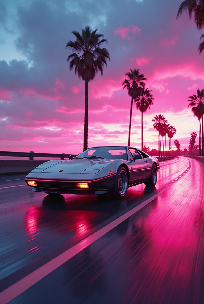 Film still,80s synthwave style,retro-futurism,Classic 1980s sports car,High speed driving on a neon lit curve,freeway,Glowing palm trees,low angle shot,Streamlined car design,Bright colors,Reflections on wet asphalt,Neon sunset,Horizontal lines,synthwave aesthetic,Bright pink, purple and blue tones,dramatic light,Sense of speed,Vaporwave vibe,retro-futurism元素,Bold electronic colors,Minimalist sticker style,white background,Surreal movie vibe,Strong contrast,Intense glowing effect,80s digital art,3Drenderingof,High resolution,Synthwave cityscape,Extreme detail,dynamic compositions,8K分辨率,Bright neon,Eye-catching details,Retro-futuristic,Cyberpunk,anime,shallowdepthoffield,Vignetting,highly details,High budget,Bokeh,Widescreen,Emotional,Epic,opulent,Film graininess,Granular,Professional photography,Cinematic light,Dramatic shadows,Neon glow,vintage vibes