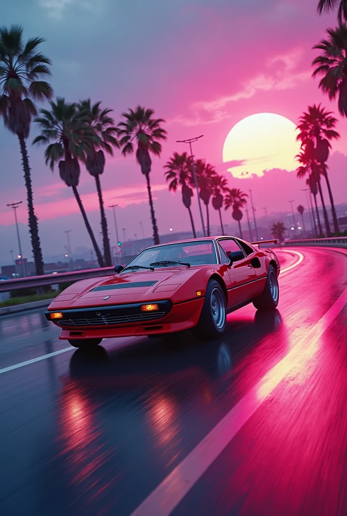 Film still,80s synthwave style,retro-futurism,Classic 1980s sports car,High speed driving on a neon lit curve,freeway,Glowing palm trees,low angle shot,Streamlined car design,Bright colors,Reflections on wet asphalt,Neon sunset,Horizontal lines,synthwave aesthetic,Bright pink, purple and blue tones,dramatic light,Sense of speed,Vaporwave vibe,retro-futurism元素,Bold electronic colors,Minimalist sticker style,white background,Surreal movie vibe,Strong contrast,Intense glowing effect,80s digital art,3Drenderingof,High resolution,Synthwave cityscape,Extreme detail,dynamic compositions,8K分辨率,Bright neon,Eye-catching details,Retro-futuristic,Cyberpunk,anime,shallowdepthoffield,Vignetting,highly details,High budget,Bokeh,Widescreen,Emotional,Epic,opulent,Film graininess,Granular,Professional photography,Cinematic light,Dramatic shadows,Neon glow,vintage vibes