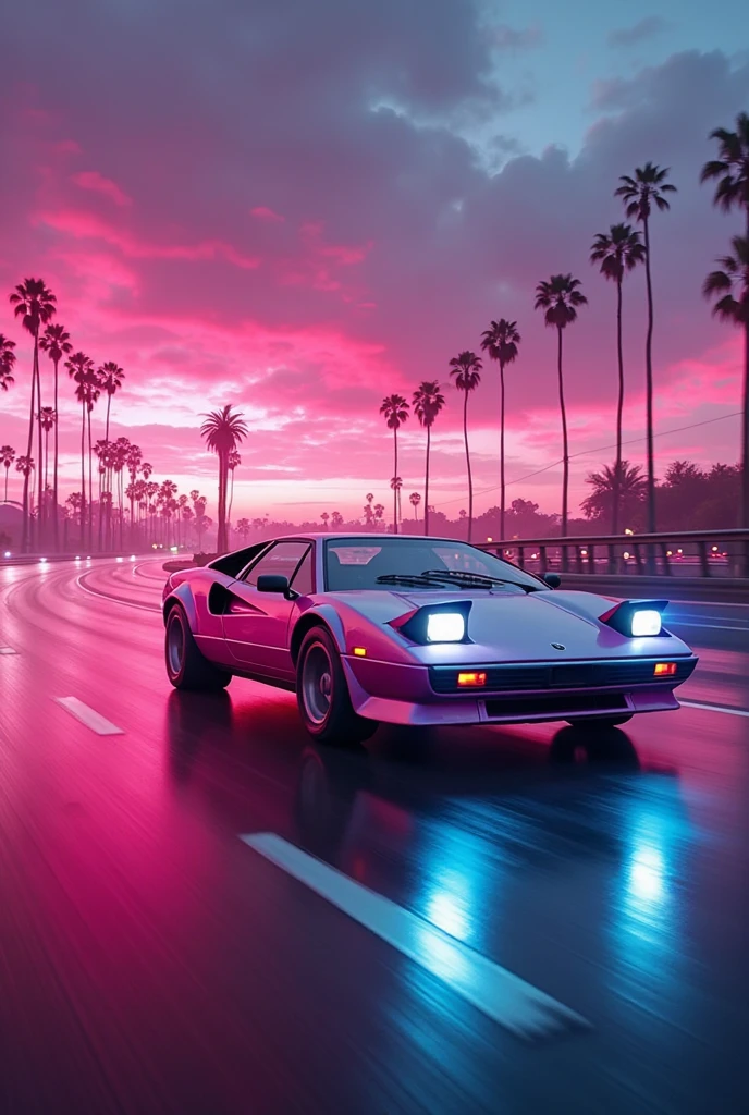 Film still,80s synthwave style,retro-futurism,Classic 1980s sports car,High speed driving on a neon lit curve,freeway,Glowing palm trees,low angle shot,Streamlined car design,Bright colors,Reflections on wet asphalt,Neon sunset,Horizontal lines,synthwave aesthetic,Bright pink, purple and blue tones,dramatic light,Sense of speed,Vaporwave vibe,retro-futurism元素,Bold electronic colors,Minimalist sticker style,white background,Surreal movie vibe,Strong contrast,Intense glowing effect,80s digital art,3Drenderingof,High resolution,Synthwave cityscape,Extreme detail,dynamic compositions,8K分辨率,Bright neon,Eye-catching details,Retro-futuristic,Cyberpunk,anime,shallowdepthoffield,Vignetting,highly details,High budget,Bokeh,Widescreen,Emotional,Epic,opulent,Film graininess,Granular,Professional photography,Cinematic light,Dramatic shadows,Neon glow,vintage vibes