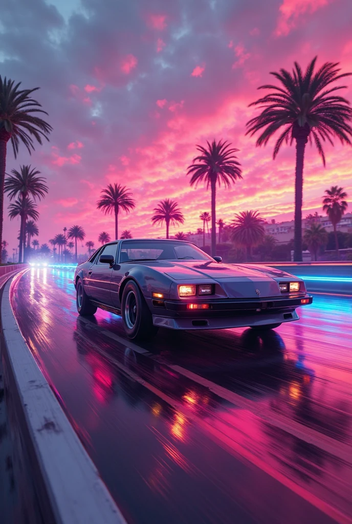 Film still,80s synthwave style,retro-futurism,Classic 1980s sports car,High speed driving on a neon lit curve,freeway,Glowing palm trees,low angle shot,Streamlined car design,Bright colors,Reflections on wet asphalt,Neon sunset,Horizontal lines,synthwave aesthetic,Bright pink, purple and blue tones,dramatic light,Sense of speed,Vaporwave vibe,retro-futurism元素,Bold electronic colors,Minimalist sticker style,white background,Surreal movie vibe,Strong contrast,Intense glowing effect,80s digital art,3Drenderingof,High resolution,Synthwave cityscape,Extreme detail,dynamic compositions,8K分辨率,Bright neon,Eye-catching details,Retro-futuristic,Cyberpunk,anime,shallowdepthoffield,Vignetting,highly details,High budget,Bokeh,Widescreen,Emotional,Epic,opulent,Film graininess,Granular,Professional photography,Cinematic light,Dramatic shadows,Neon glow,vintage vibes