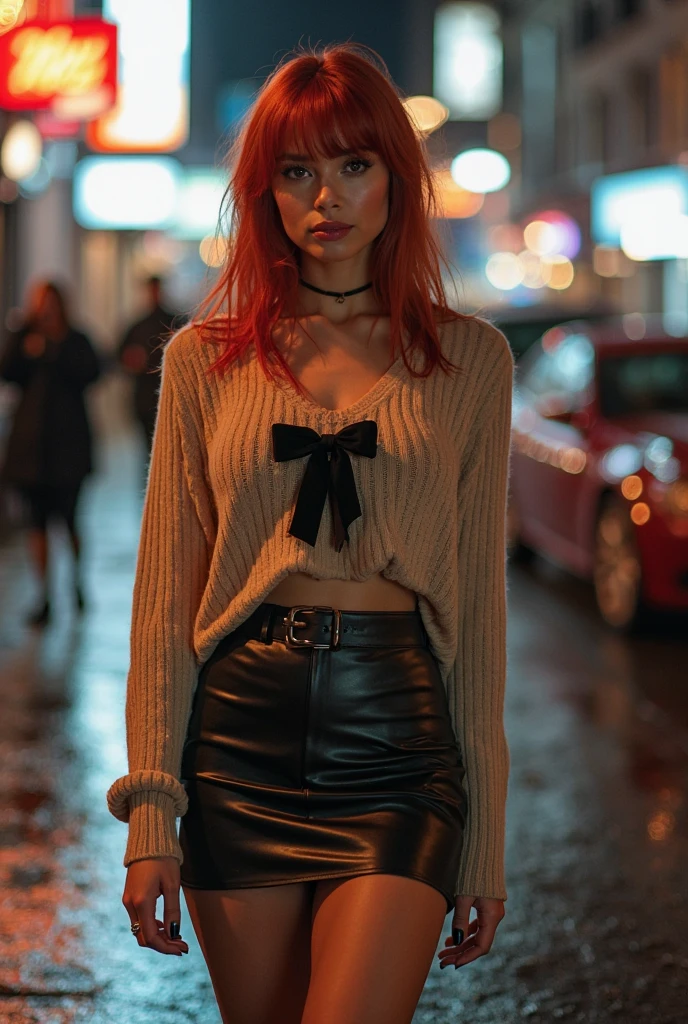 RAW full body photos,captures a stunning, full-bodied woman,Straight red hair,wears a beige ribbed sweater(with black bow detail),Layered black faux leather mini skirt and knee-high black boots,perfectly accentuates her figure。textured fabric reflects ambient light,effortlessly blends sensuality and movement,emphasizes every curve。Her pose is natural yet arresting - captured in an unsuspecting situation、real moment of confidenceQuiet moment。
Shot in an emotional urban setting,The scene is raw and atmospheric - wet streets shimmering with neon reflections,distant city noise blurs into an abstract haze。dramatic lighting treatment,Blending Peter Lindbergh's timeless cinematic softness with Boogie's gritty street realism。deep shadows carve out striking contrasts,while soft highlights skim across the surface,enhances her sculptural effect。
Using a Hasselblad medium format camera and a Zeiss 50mm lens,Aperture F/1.8 shooting,Images are ultra-sharp and rich, film-like quality。llight rays、The interplay of movement and realism makes this an evocative fashion street photography masterpiece。
