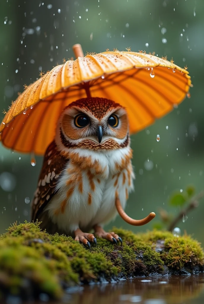 An image that blends realism with artistic enhancements,捕捉了一只小巧可爱的猫头鹰在小雨中躲在一朵鲜艳的橘红色Cogumelos下的场景,The style incorporates natural photography、Fantasy wildlife art and bokeh cinematography。The scene exudes a serene and slightly magical vibe,This owl,With soft brown and white mottled feathers,Gaze upwards,The expression is gentle and curious,Seems to be content with its natural umbrella。The owl's feathers are delicate,Each feather catches the soft, diffused light,突显出被rainwater微微打湿的外观。Cogumelos,With a smooth and shiny cap,Towering bright colors,Its bright orange hue contrasts beautifully with the surrounding green moss and soft brown feathers。Cogumelos的菌盖轻轻弯曲,Showing the light-colored gills underneath,Providing just enough cover for the little owl,Adds a touch of fantasy to the composition。rainwater,Presented with soft vertical stripes,与Cogumelos和猫头鹰互动,Creates tiny splashes of water,Further enhancing the feeling of a fresh rainforest scene。the ground,Covered with dense and thick moss,Colors range from deep forest green to lighter yellow tones,Sprinkled with small leaves and branches,Adding details and rooting the scene in nature、In the muddy environment。Background with,With a soft and blurred bokeh effect,Transitioning from dark greens and browns to lighter tones,创造深度并突出猫头鹰和Cogumelos,Emphasizing their importance in the composition。The overall atmosphere is peaceful and moving,Captures a quiet moment in nature,Even the smallest creatures find shelter and contentment in the natural elements。