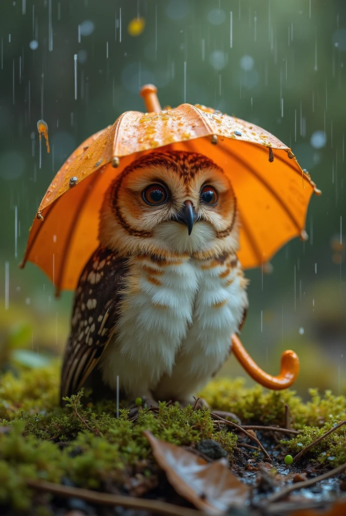 An image that blends realism with artistic enhancements,捕捉了一只小巧可爱的猫头鹰在小雨中躲在一朵鲜艳的橘红色Cogumelos下的场景,The style incorporates natural photography、Fantasy wildlife art and bokeh cinematography。The scene exudes a serene and slightly magical vibe,This owl,With soft brown and white mottled feathers,Gaze upwards,The expression is gentle and curious,Seems to be content with its natural umbrella。The owl's feathers are delicate,Each feather catches the soft, diffused light,突显出被rainwater微微打湿的外观。Cogumelos,With a smooth and shiny cap,Towering bright colors,Its bright orange hue contrasts beautifully with the surrounding green moss and soft brown feathers。Cogumelos的菌盖轻轻弯曲,Showing the light-colored gills underneath,Providing just enough cover for the little owl,Adds a touch of fantasy to the composition。rainwater,Presented with soft vertical stripes,与Cogumelos和猫头鹰互动,Creates tiny splashes of water,Further enhancing the feeling of a fresh rainforest scene。the ground,Covered with dense and thick moss,Colors range from deep forest green to lighter yellow tones,Sprinkled with small leaves and branches,Adding details and rooting the scene in nature、In the muddy environment。Background with,With a soft and blurred bokeh effect,Transitioning from dark greens and browns to lighter tones,创造深度并突出猫头鹰和Cogumelos,Emphasizing their importance in the composition。The overall atmosphere is peaceful and moving,Captures a quiet moment in nature,Even the smallest creatures find shelter and contentment in the natural elements。