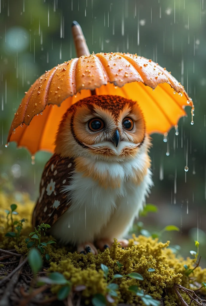 An image that blends realism with artistic enhancements,捕捉了一只小巧可爱的猫头鹰在小雨中躲在一朵鲜艳的橘红色Cogumelos下的场景,The style incorporates natural photography、Fantasy wildlife art and bokeh cinematography。The scene exudes a serene and slightly magical vibe,This owl,With soft brown and white mottled feathers,Gaze upwards,The expression is gentle and curious,Seems to be content with its natural umbrella。The owl's feathers are delicate,Each feather catches the soft, diffused light,突显出被rainwater微微打湿的外观。Cogumelos,With a smooth and shiny cap,Towering bright colors,Its bright orange hue contrasts beautifully with the surrounding green moss and soft brown feathers。Cogumelos的菌盖轻轻弯曲,Showing the light-colored gills underneath,Providing just enough cover for the little owl,Adds a touch of fantasy to the composition。rainwater,Presented with soft vertical stripes,与Cogumelos和猫头鹰互动,Creates tiny splashes of water,Further enhancing the feeling of a fresh rainforest scene。the ground,Covered with dense and thick moss,Colors range from deep forest green to lighter yellow tones,Sprinkled with small leaves and branches,Adding details and rooting the scene in nature、In the muddy environment。Background with,With a soft and blurred bokeh effect,Transitioning from dark greens and browns to lighter tones,创造深度并突出猫头鹰和Cogumelos,Emphasizing their importance in the composition。The overall atmosphere is peaceful and moving,Captures a quiet moment in nature,Even the smallest creatures find shelter and contentment in the natural elements。